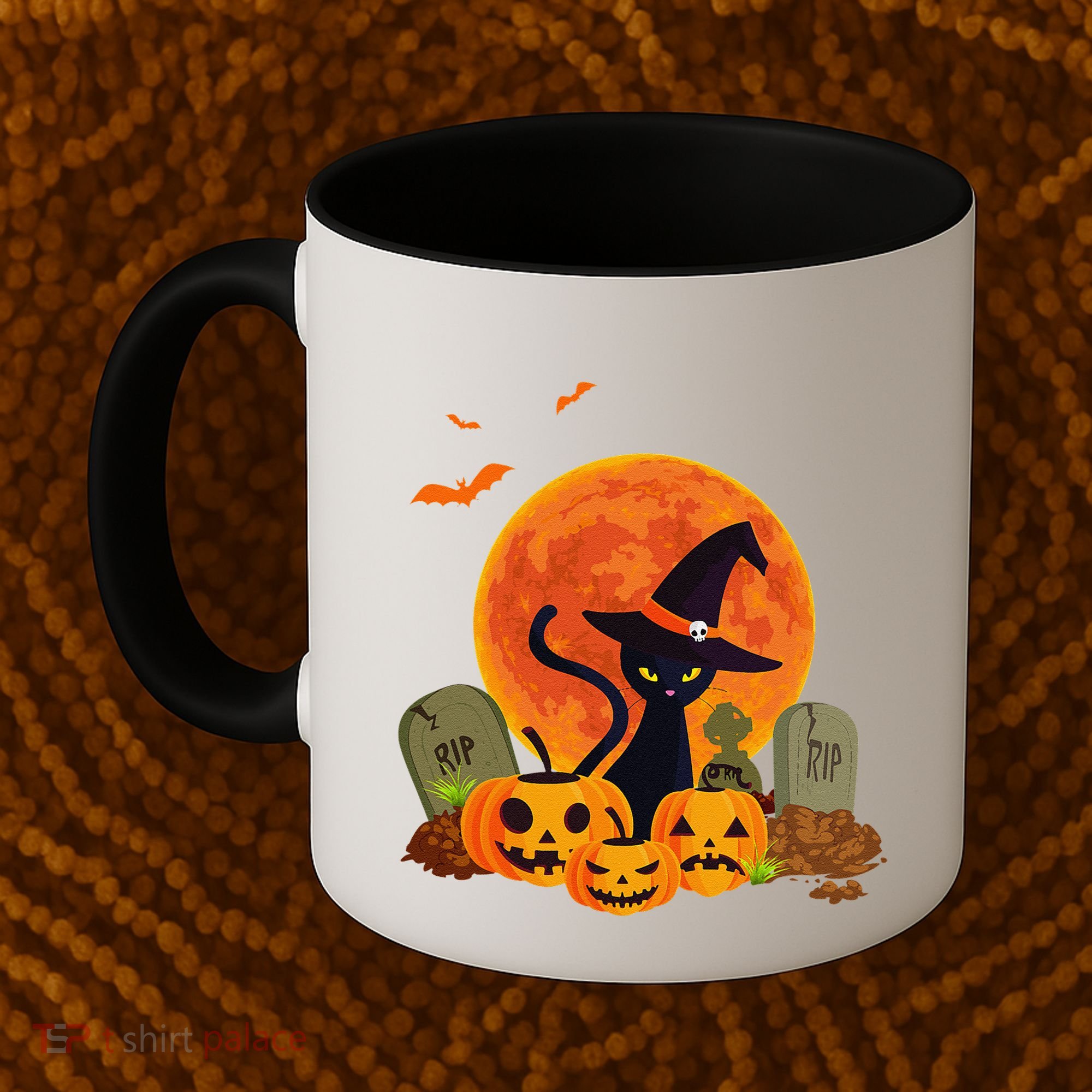 Cute Witch Cat Pumpkin Graveyard Spooky Cat Mom Halloween Coffee Mug