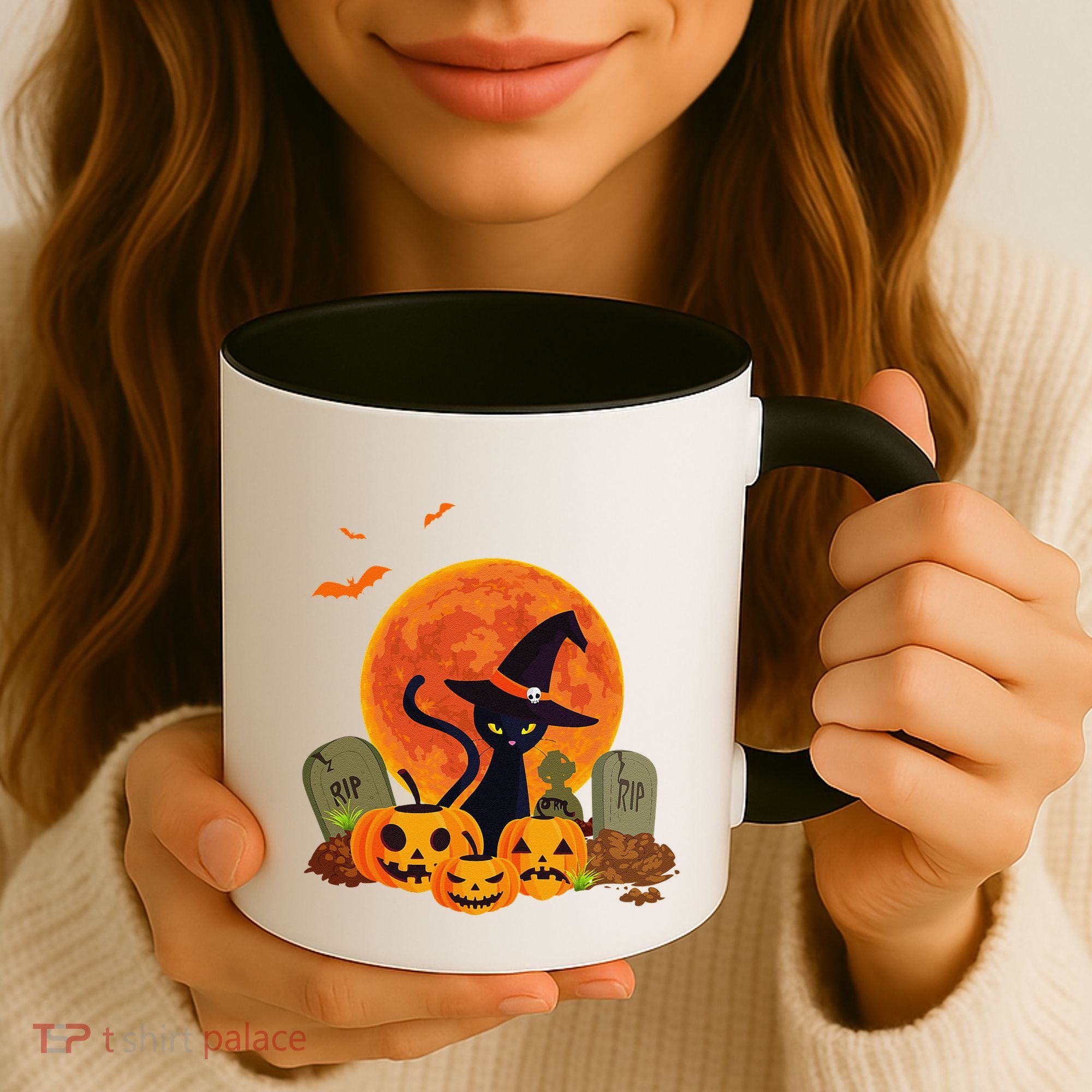 Cute Witch Cat Pumpkin Graveyard Spooky Cat Mom Halloween Coffee Mug