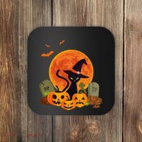 Cute Witch Cat Pumpkin Graveyard Spooky Cat Mom Halloween Coaster thumb 0