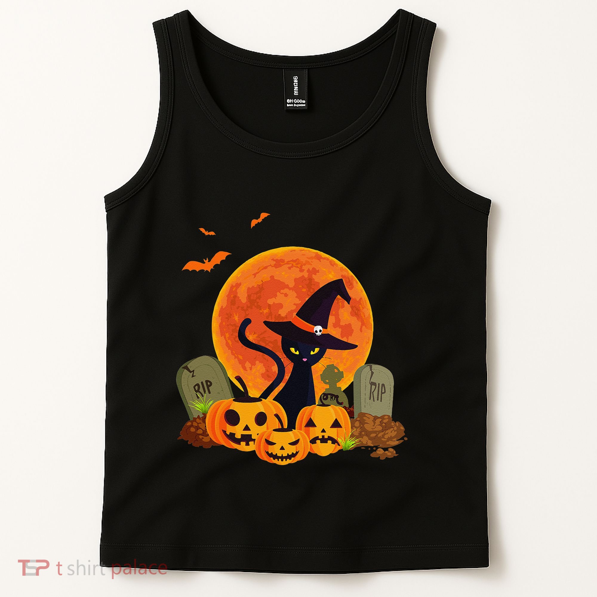 Cute Witch Cat Pumpkin Graveyard Spooky Cat Mom Halloween Tank Top