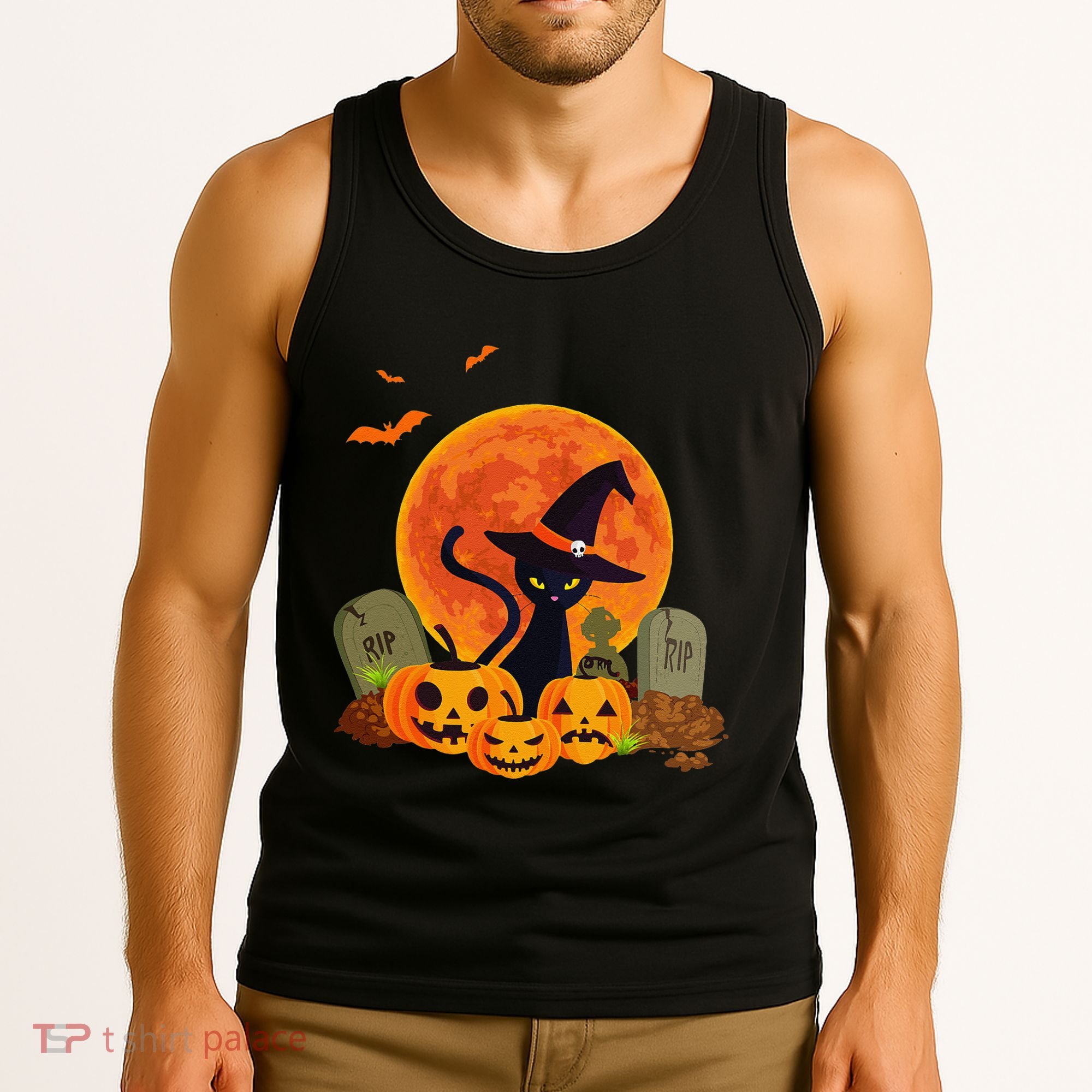 Cute Witch Cat Pumpkin Graveyard Spooky Cat Mom Halloween Tank Top
