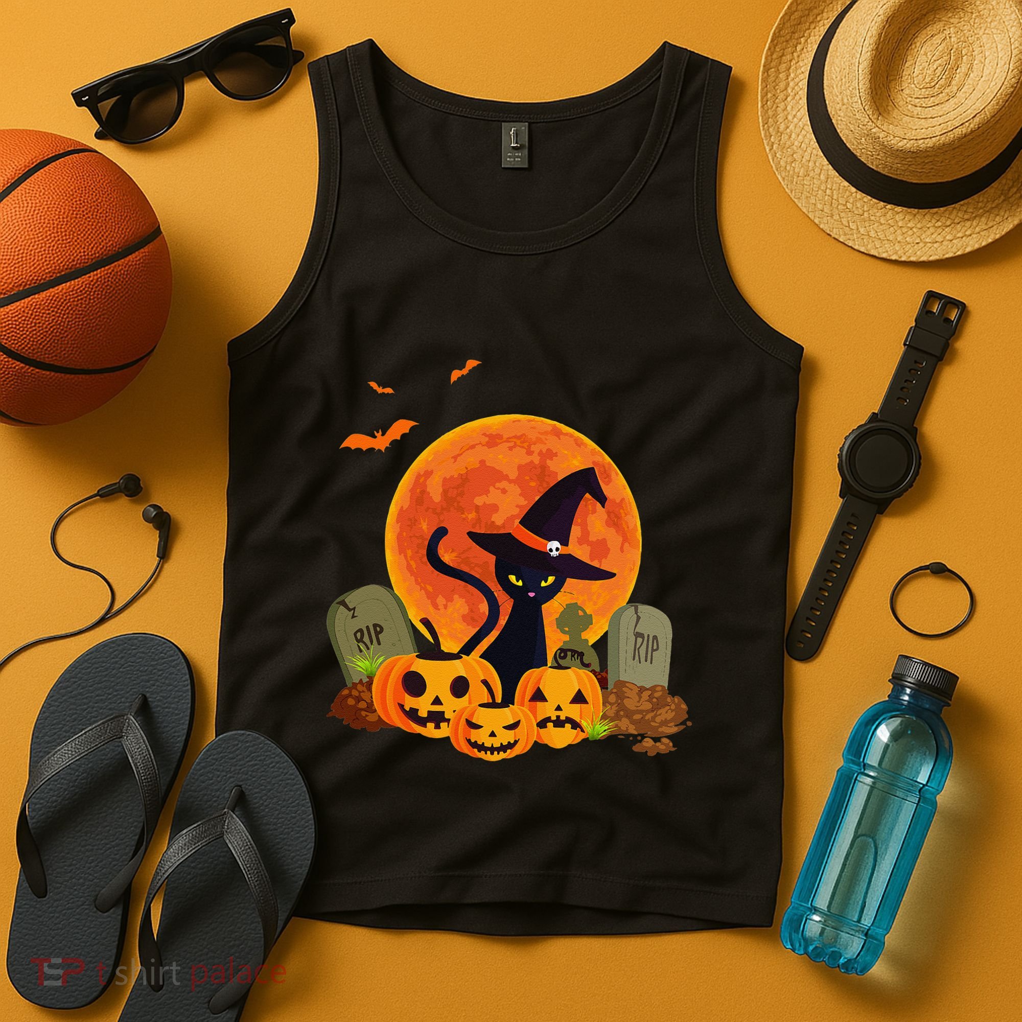 Cute Witch Cat Pumpkin Graveyard Spooky Cat Mom Halloween Tank Top