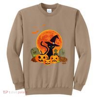 Cute Witch Cat Pumpkin Graveyard Spooky Cat Mom Halloween Sweatshirt thumb 0