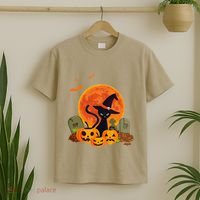 Cute Witch Cat Pumpkin Graveyard Spooky Cat Mom Halloween T-Shirt thumb 2