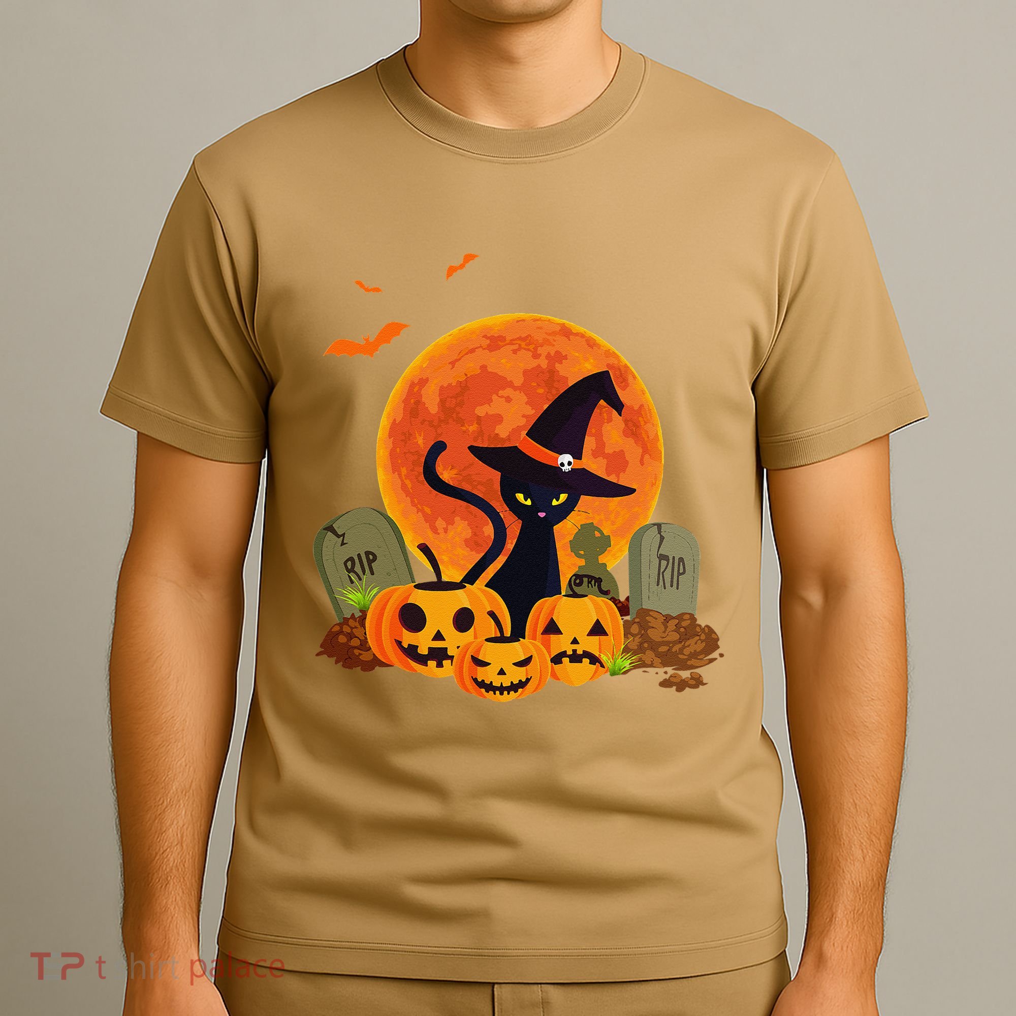 Cute Witch Cat Pumpkin Graveyard Spooky Cat Mom Halloween T-Shirt