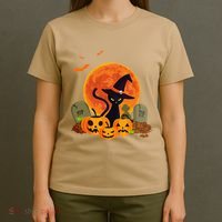 Cute Witch Cat Pumpkin Graveyard Spooky Cat Mom Halloween T-Shirt thumb 4