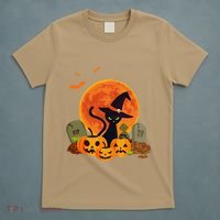 Cute Witch Cat Pumpkin Graveyard Spooky Cat Mom Halloween T-Shirt thumb 5