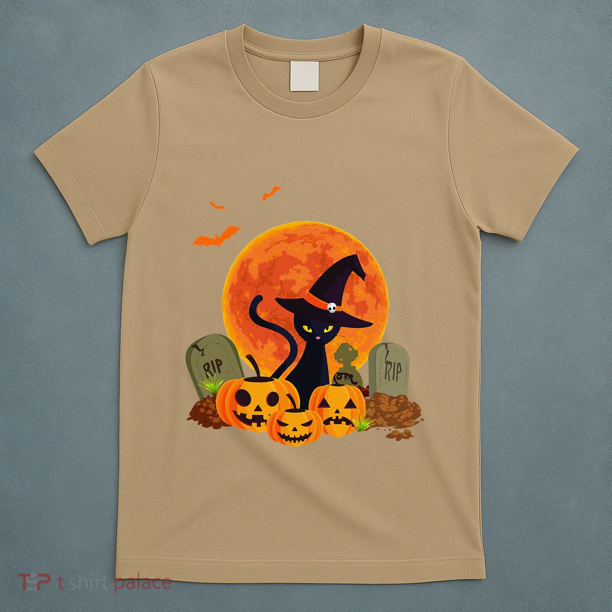 Cute Witch Cat Pumpkin Graveyard Spooky Cat Mom Halloween T-Shirt