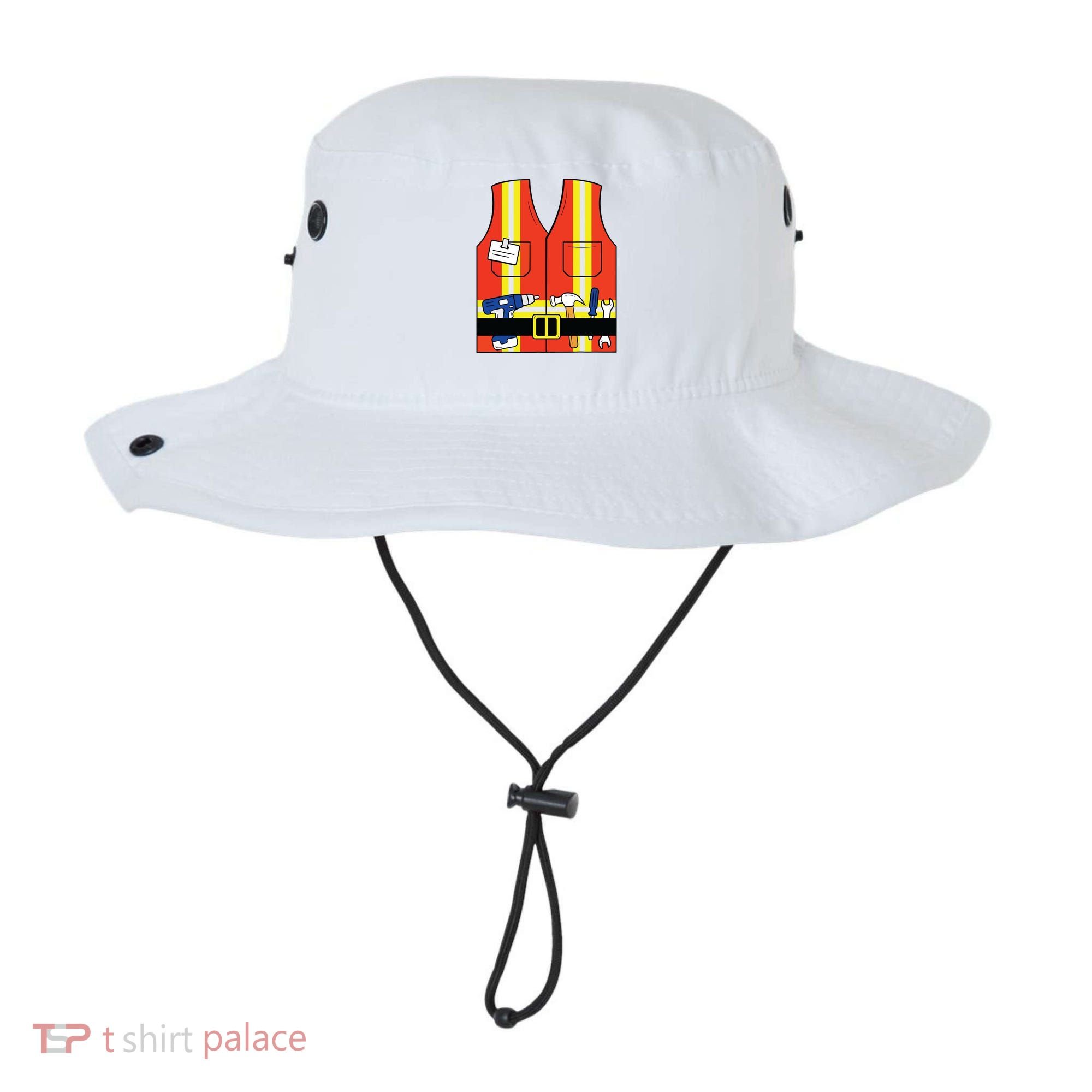 Construction Worker Costume Orange Safety Vest Tools Bucket Hat