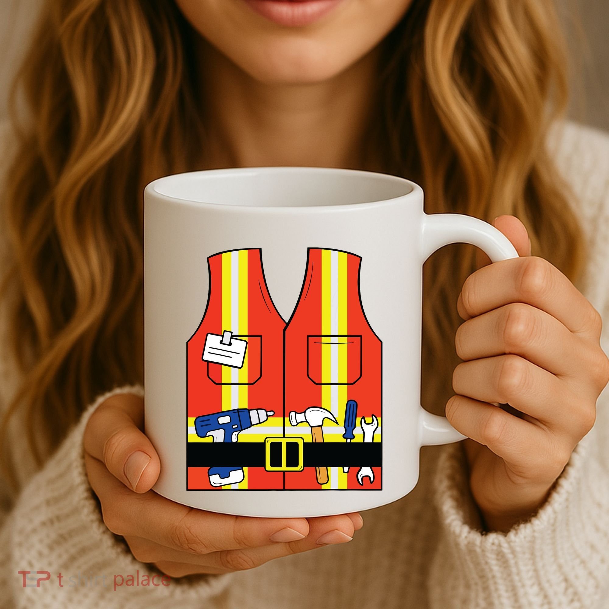 Construction Worker Costume Orange Safety Vest Tools Coffee Mug