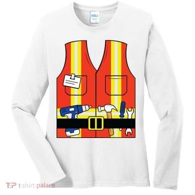 Construction Worker Costume Orange Safety Vest Tools Women's Long Sleeve Shirt
