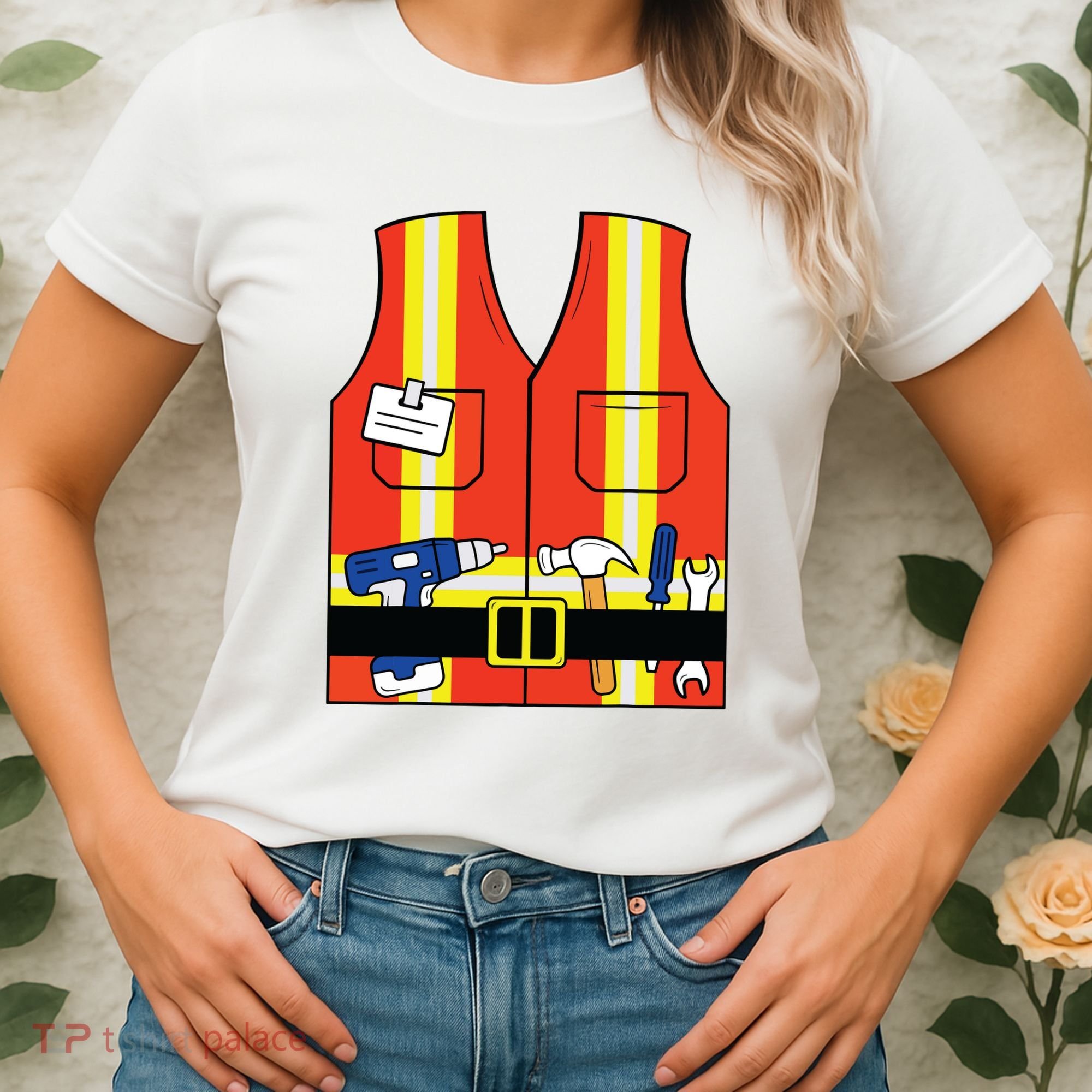 Construction Worker Costume Orange Safety Vest Tools Women's T-Shirt