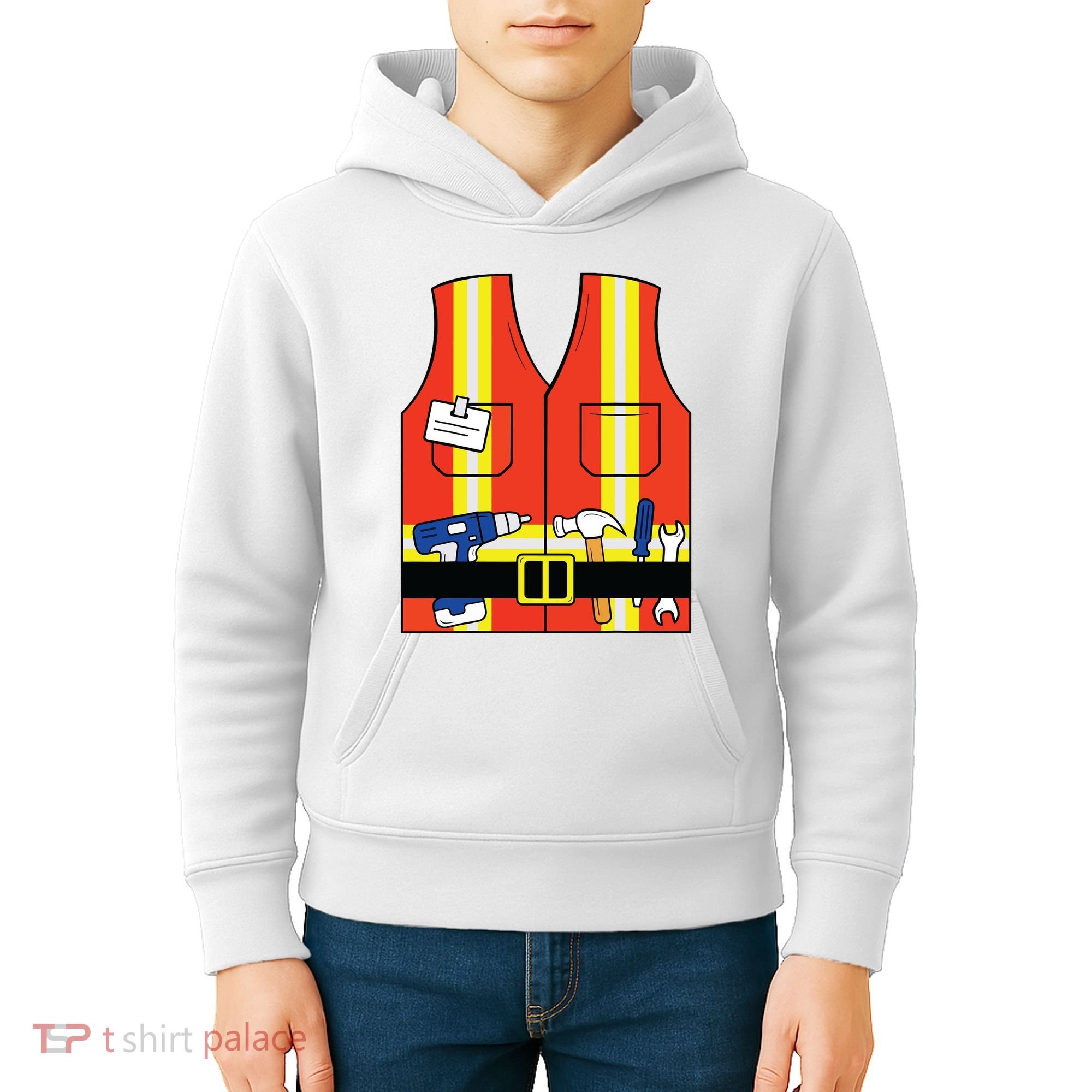 Construction Worker Costume Orange Safety Vest Tools Kids Hoodie