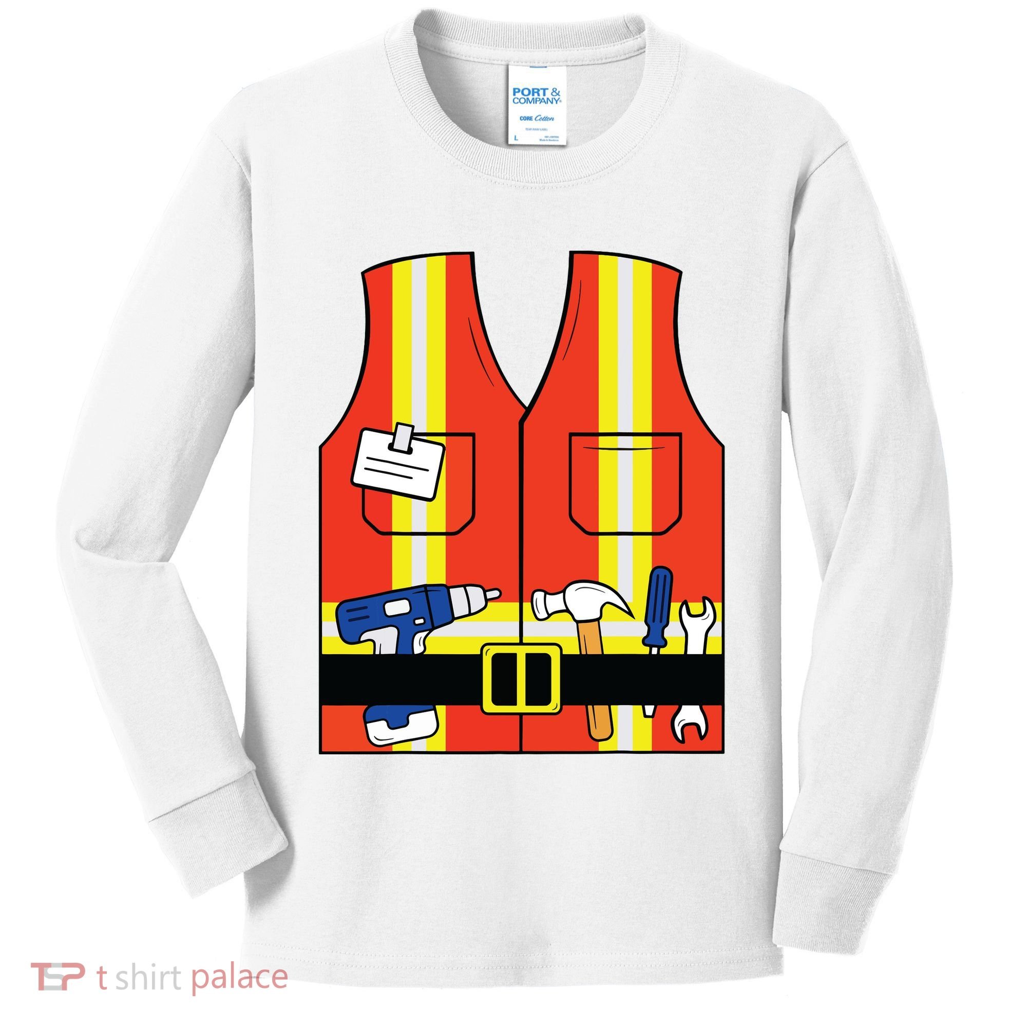 Construction Worker Costume Orange Safety Vest Tools Kids Long Sleeve Shirt