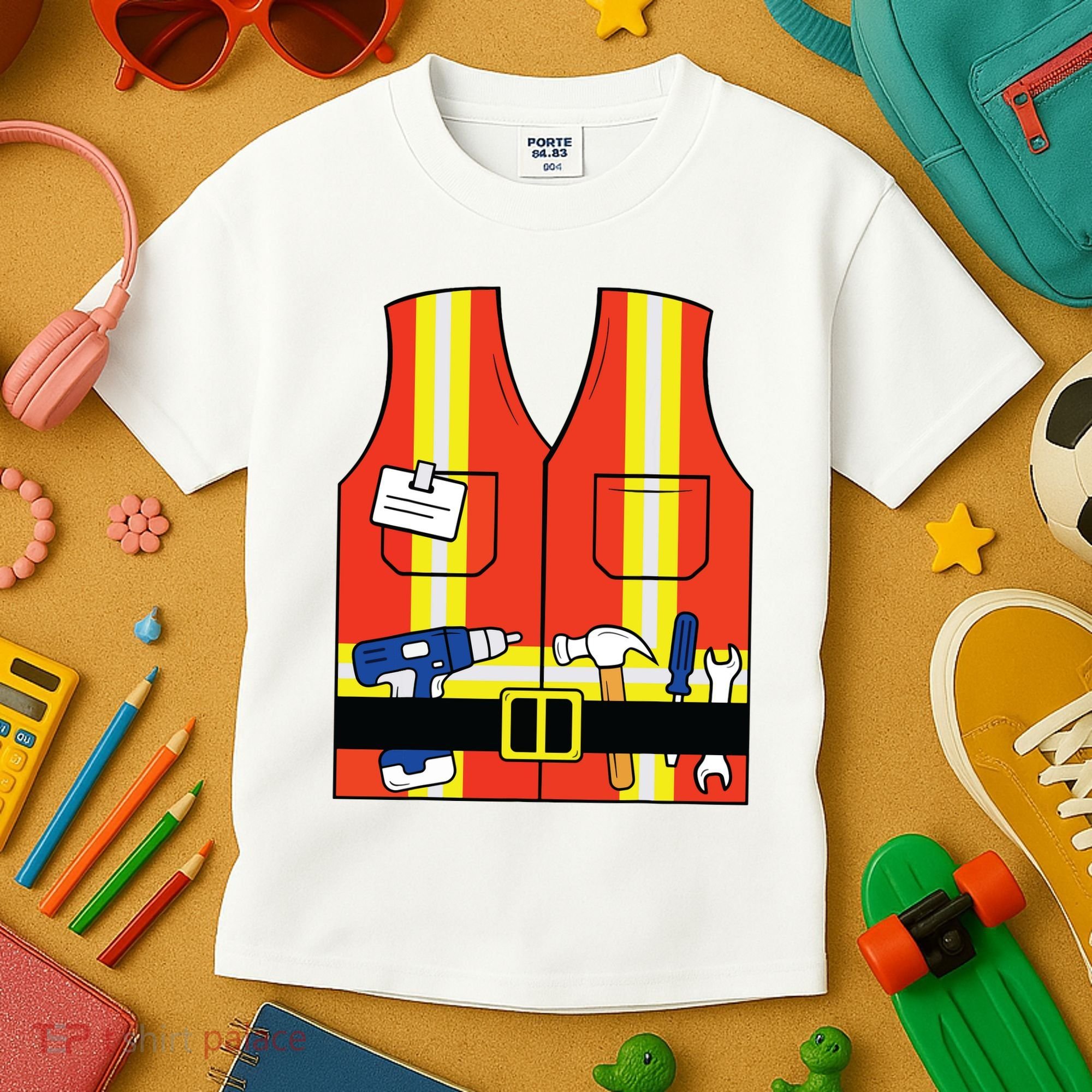 Construction Worker Costume Orange Safety Vest Tools Kids T-Shirt