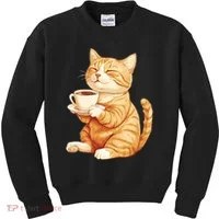 Cat With Coffee Cute Cat Lover  Kids Sweatshirt thumb 0