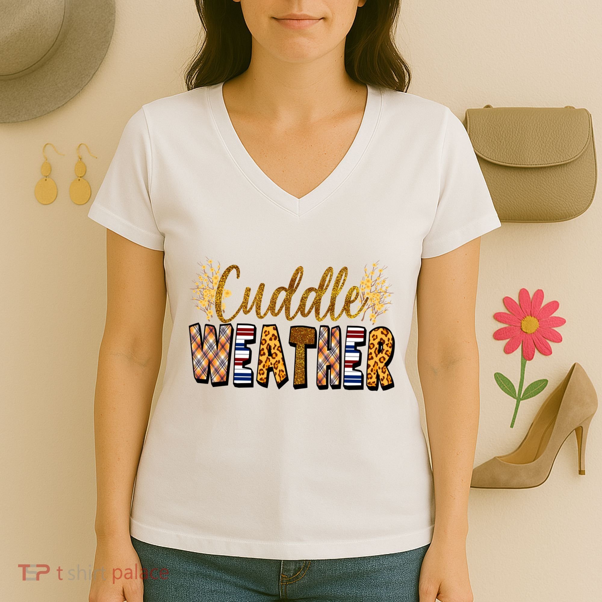 Cuddle Weather Cute Fall Pattern Women's V-Neck T-Shirt