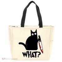 Cat What? Funny Black Cat Murderous Cat With Knife Tote Bag thumb 0