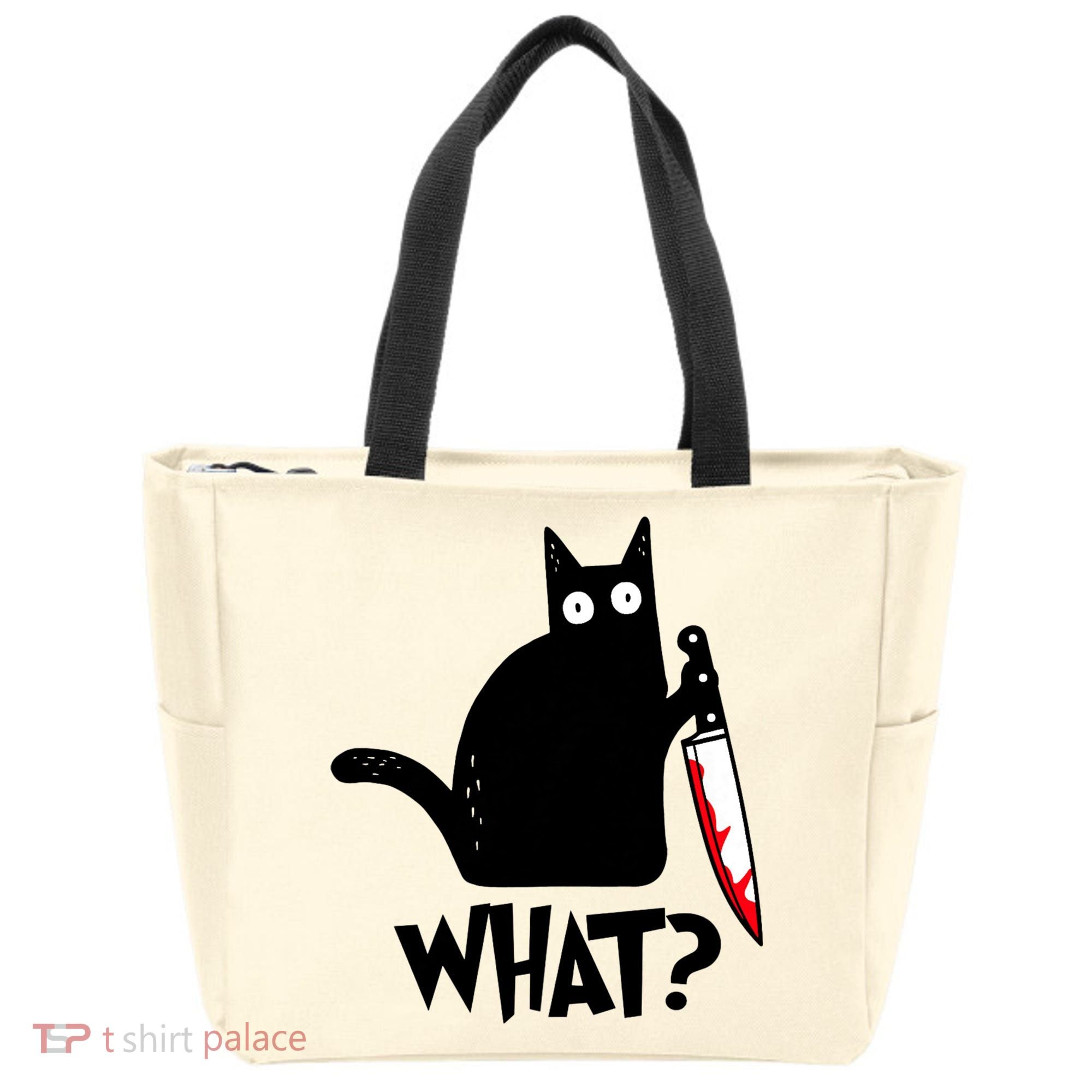 Cat What? Funny Black Cat Murderous Cat With Knife Tote Bag