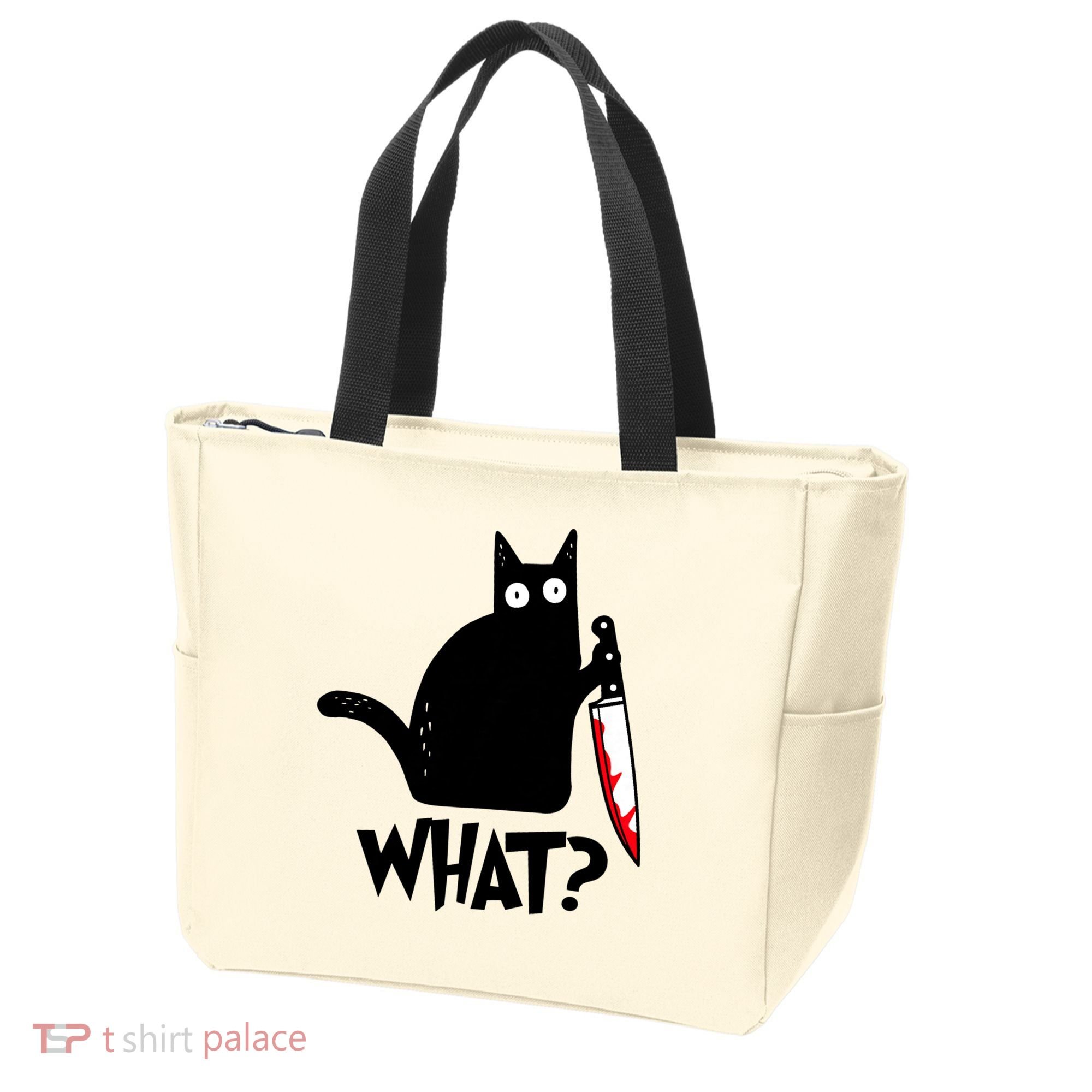 Cat What? Funny Black Cat Murderous Cat With Knife Tote Bag