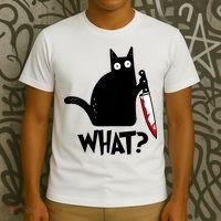 Cat What? Funny Black Cat Murderous Cat With Knife T-Shirt thumb 3