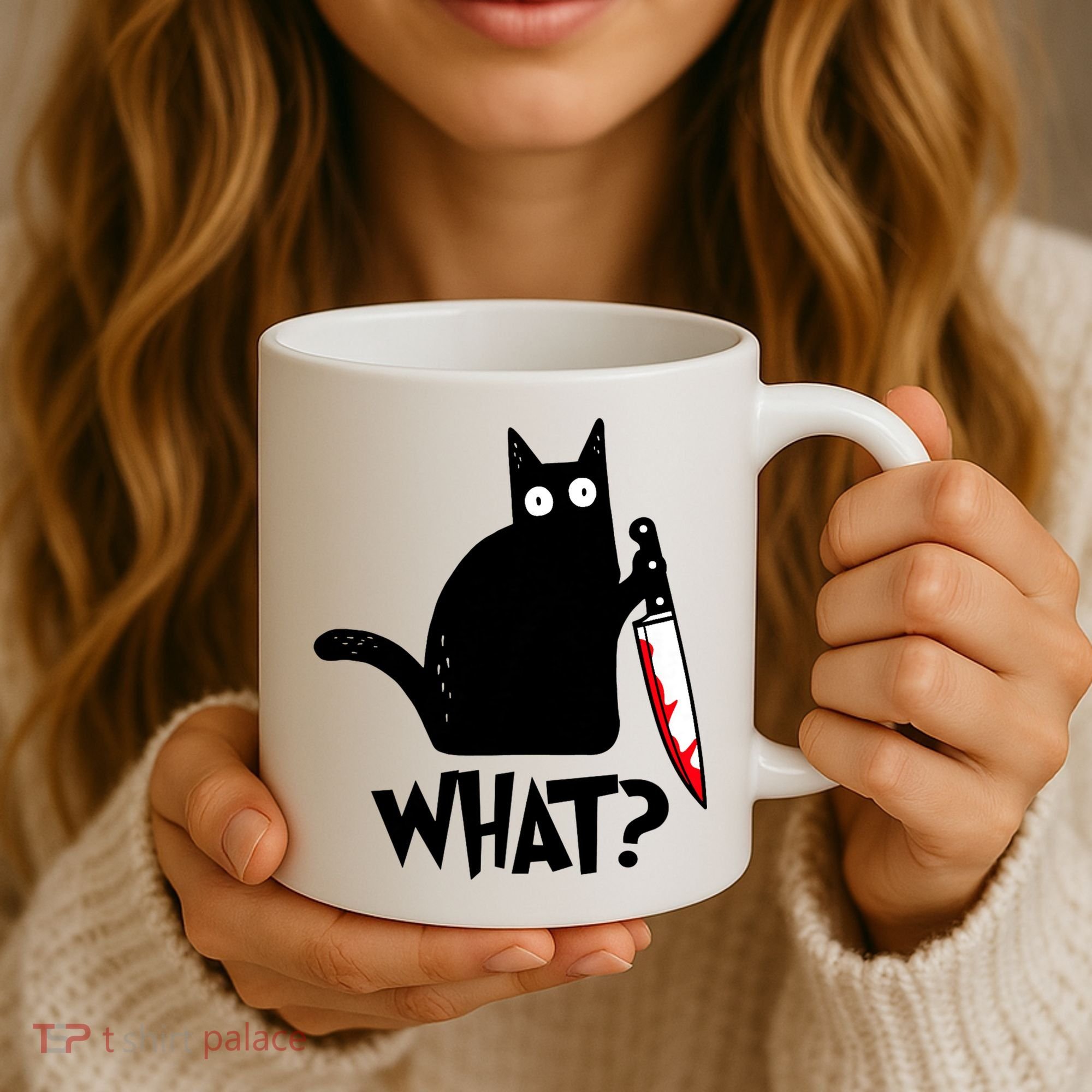 Cat What? Funny Black Cat Murderous Cat With Knife Coffee Mug