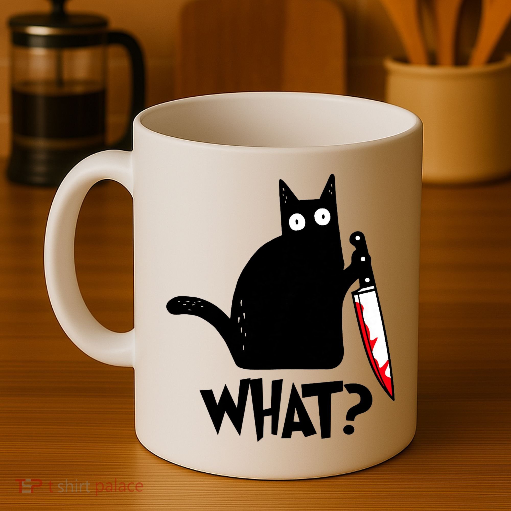 Cat What? Funny Black Cat Murderous Cat With Knife Coffee Mug