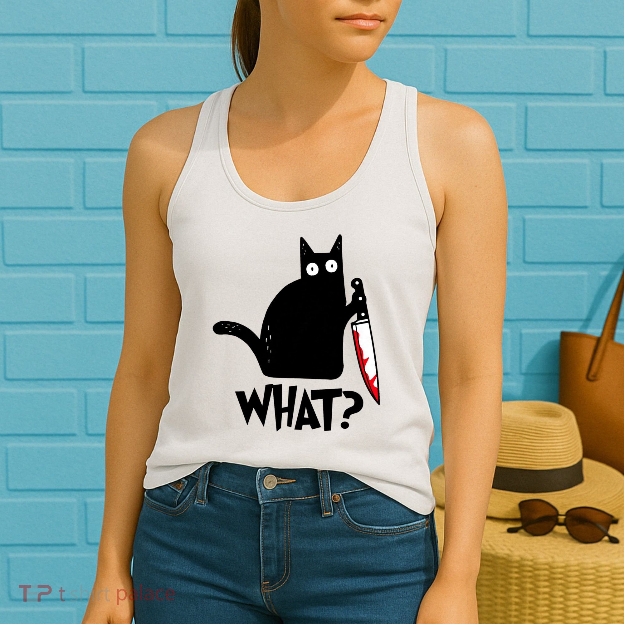 Cat What? Funny Black Cat Murderous Cat With Knife Women's Tank Top