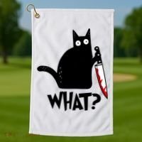 Cat What? Funny Black Cat Murderous Cat With Knife Golf Towel thumb 1