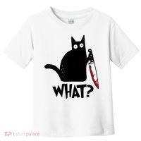 Cat What? Funny Black Cat Murderous Cat With Knife Toddler T-Shirt thumb 0