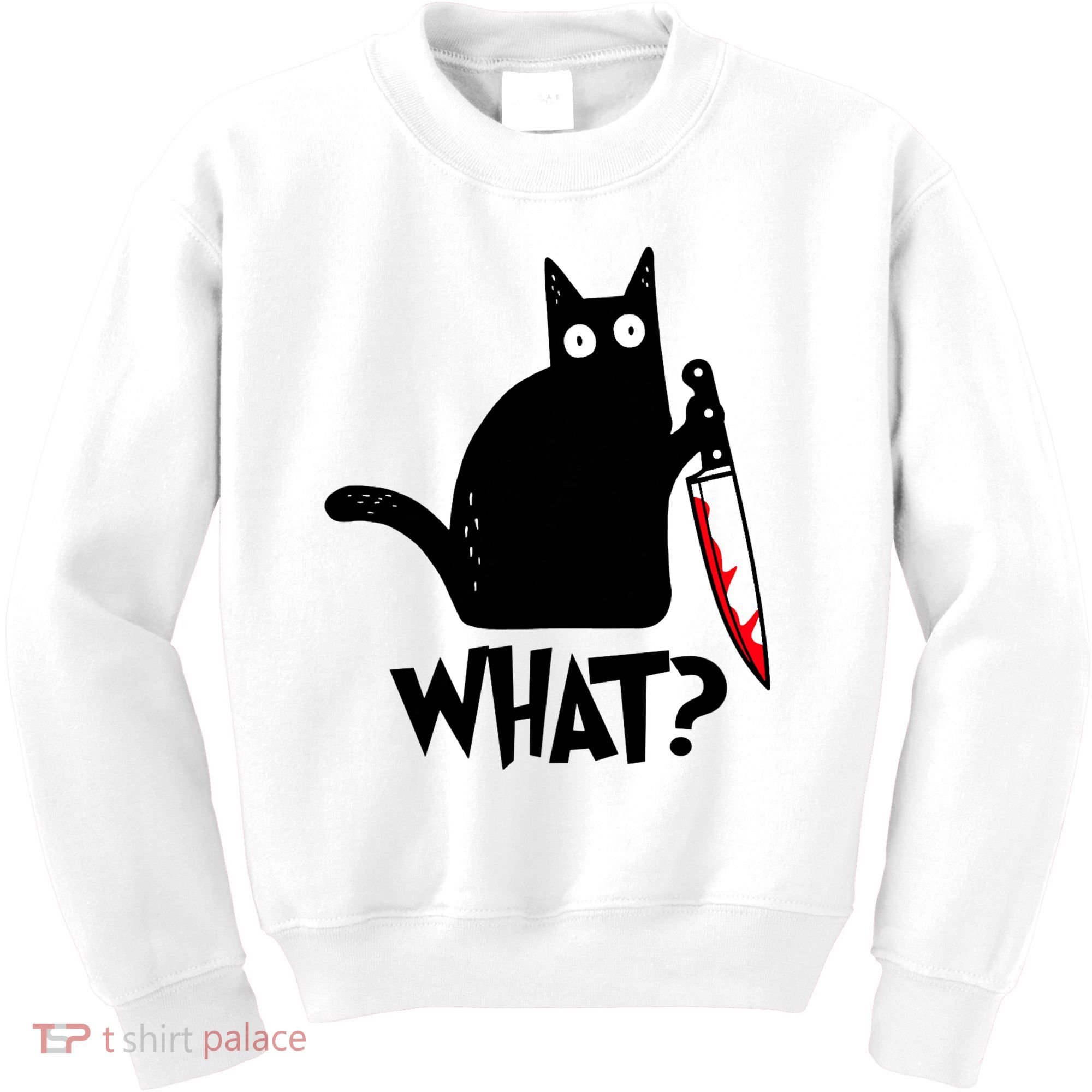 Cat What? Funny Black Cat Murderous Cat With Knife Kids Sweatshirt