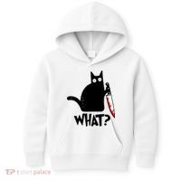 Cat What? Funny Black Cat Murderous Cat With Knife Kids Hoodie thumb 0
