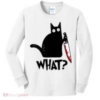 Cat What? Funny Black Cat Murderous Cat With Knife Kids Long Sleeve Shirt thumb 0