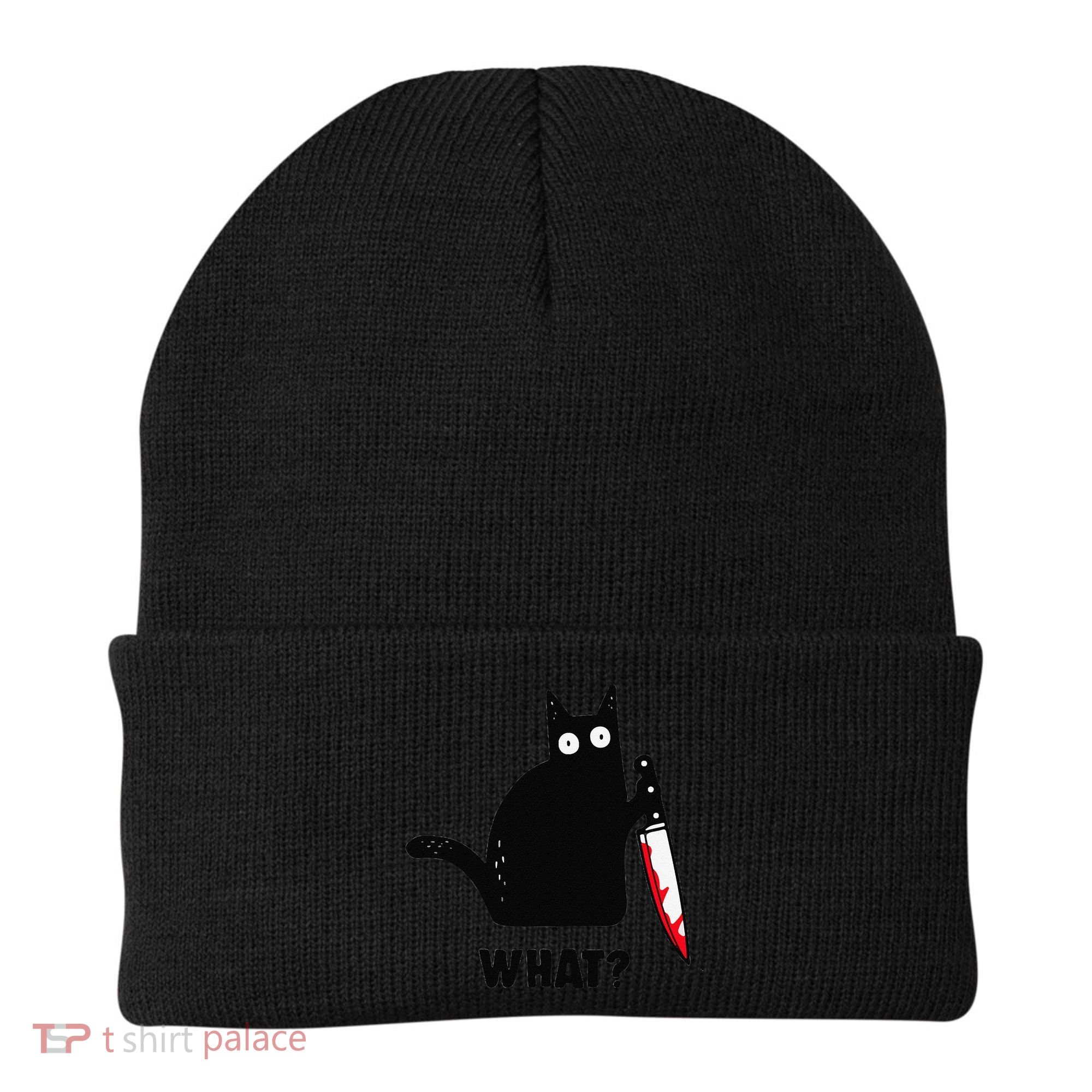 Cat What Funny Black Cat  Murderous Cat With Knife (1) Beanie