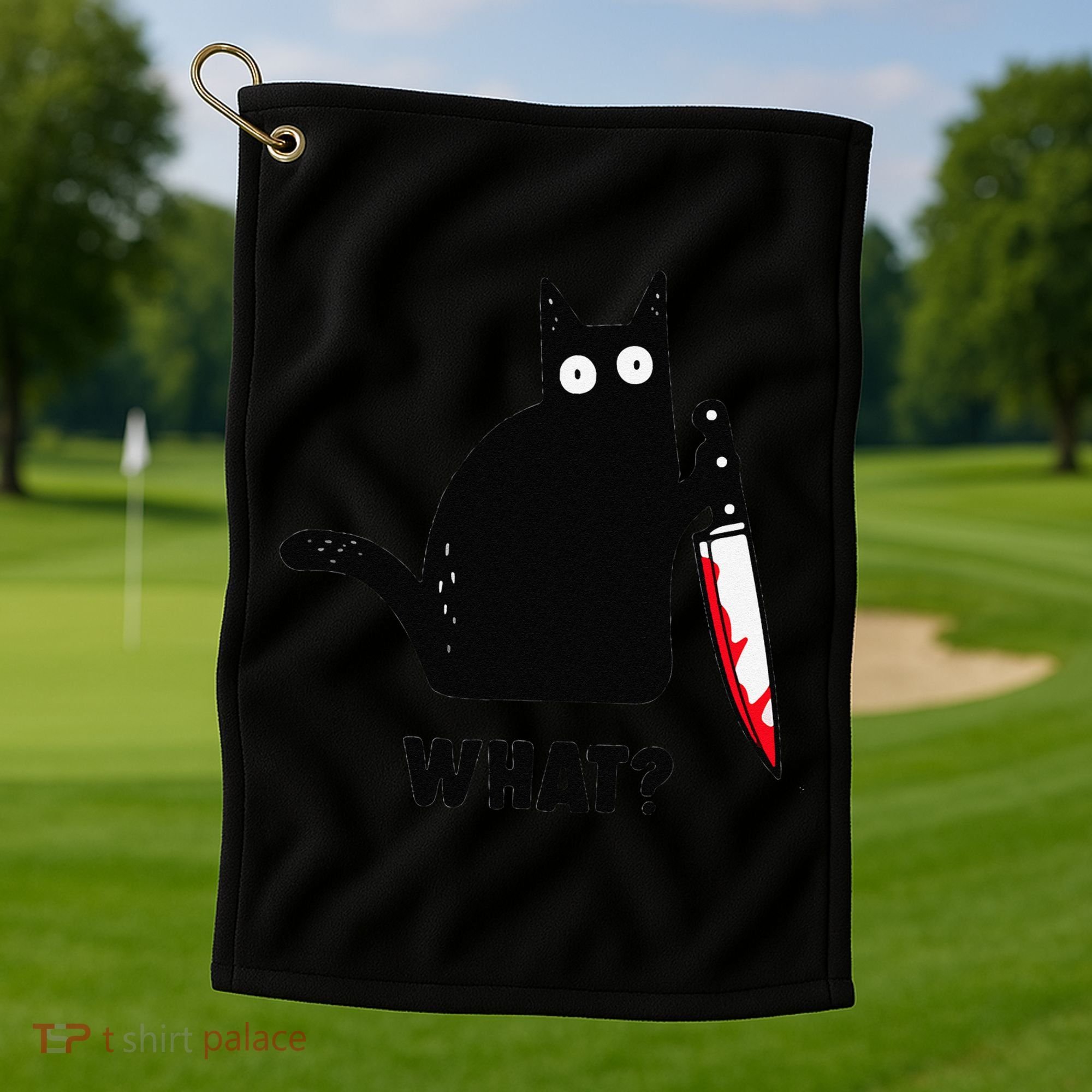 Cat What Funny Black Cat  Murderous Cat With Knife (1) Golf Towel
