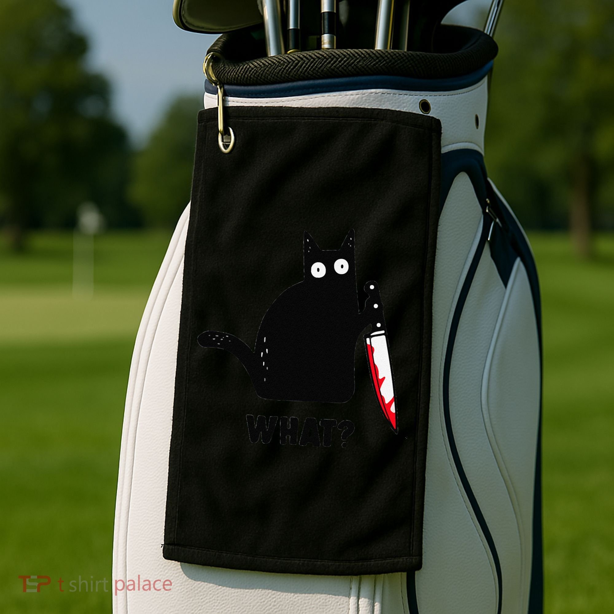Cat What Funny Black Cat  Murderous Cat With Knife (1) Golf Towel