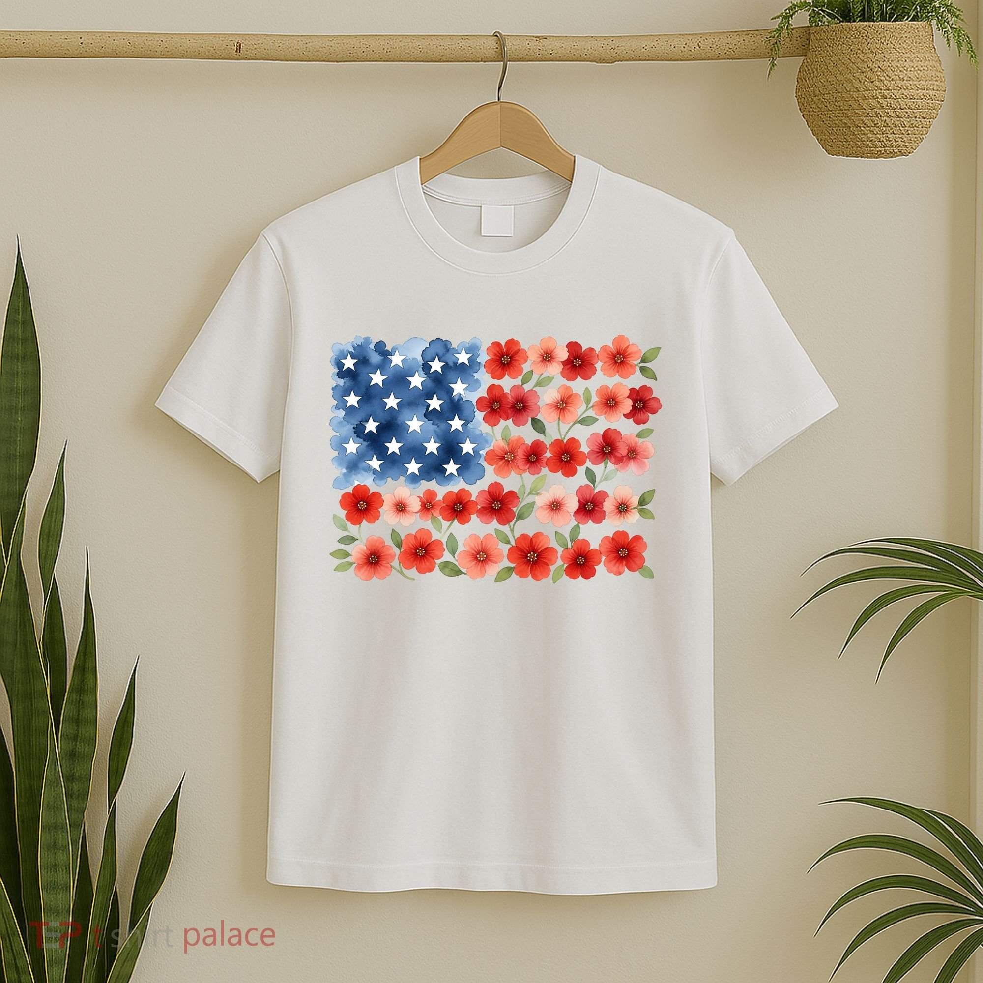 Cute Watercolor Floral Flower Patriotic USA American Flag T-Shirt