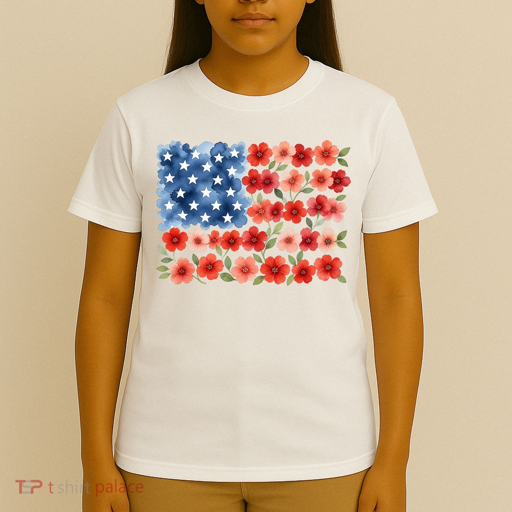 Cute Watercolor Floral Flower Patriotic USA American Flag T-Shirt