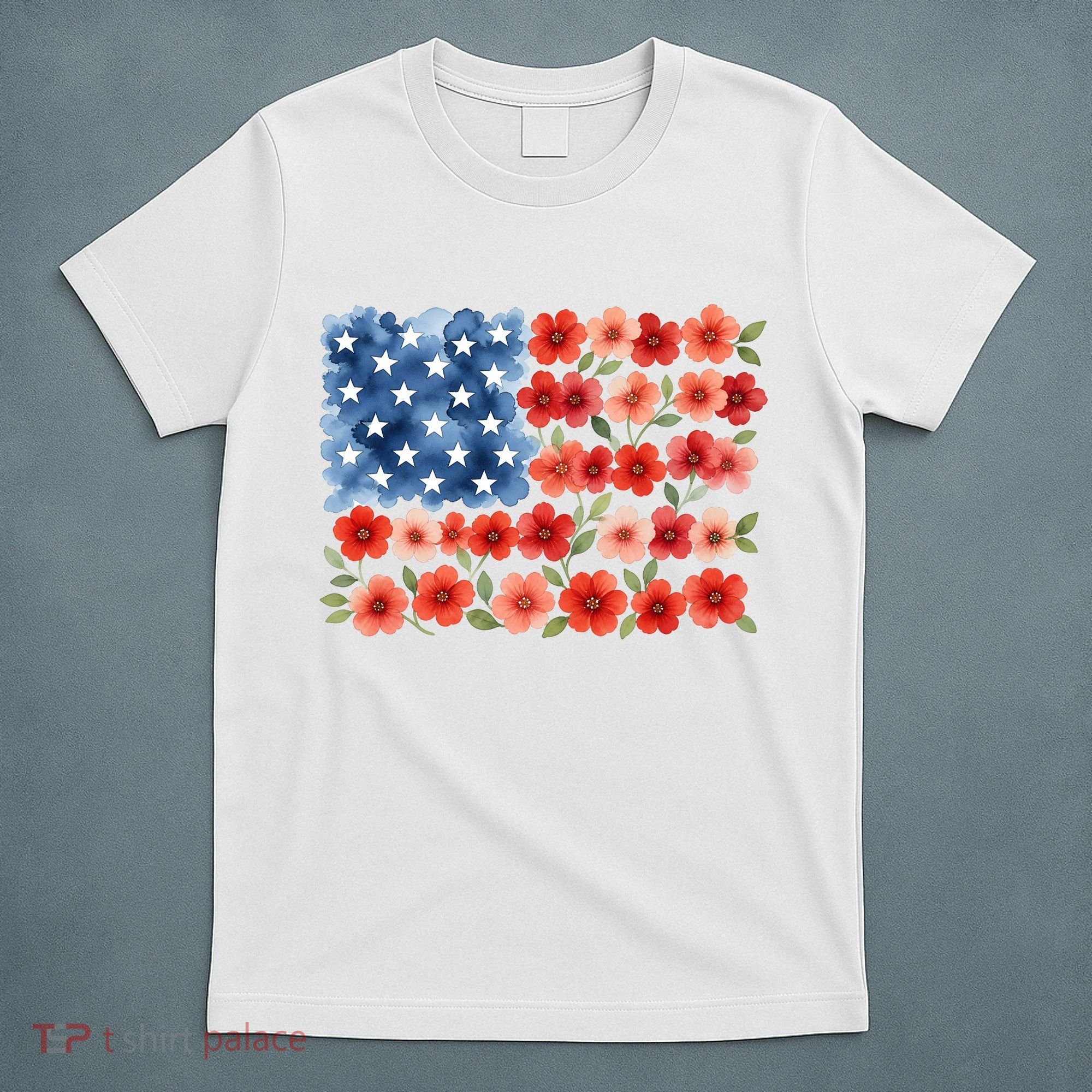 Cute Watercolor Floral Flower Patriotic USA American Flag T-Shirt