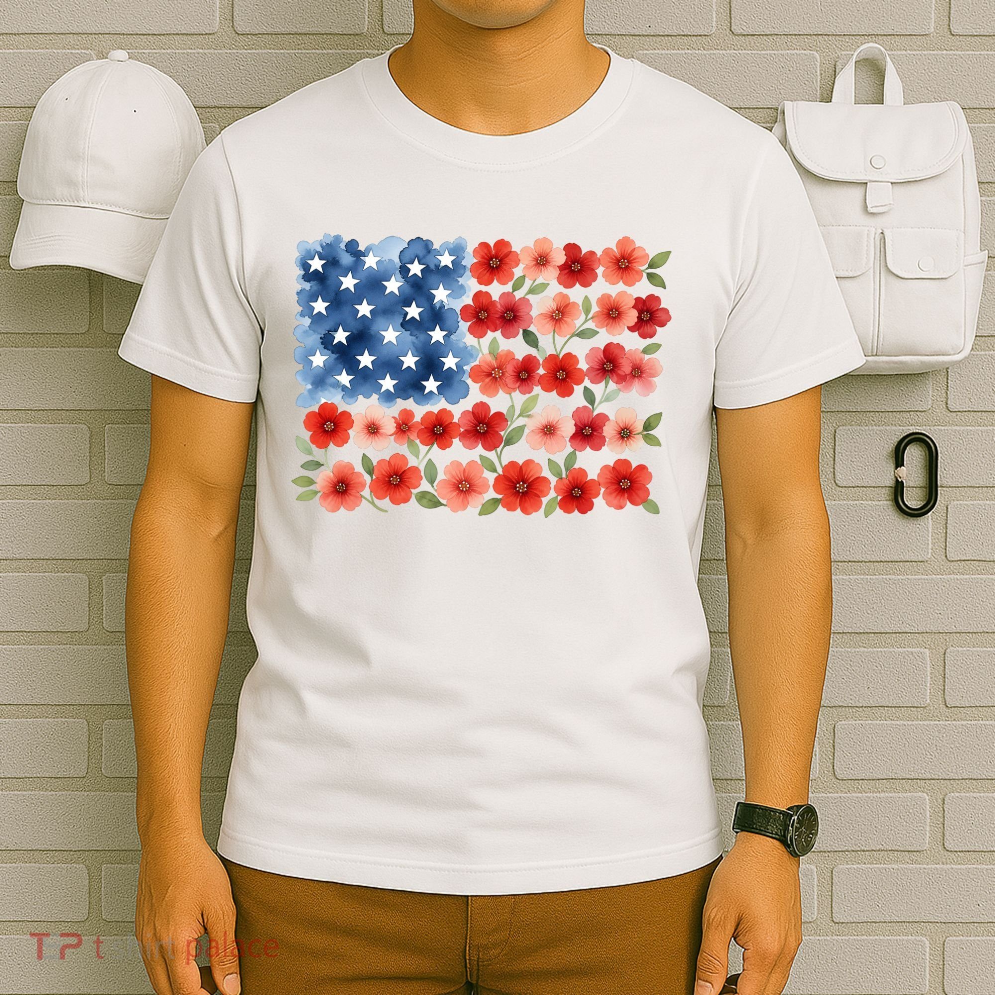 Cute Watercolor Floral Flower Patriotic USA American Flag T-Shirt