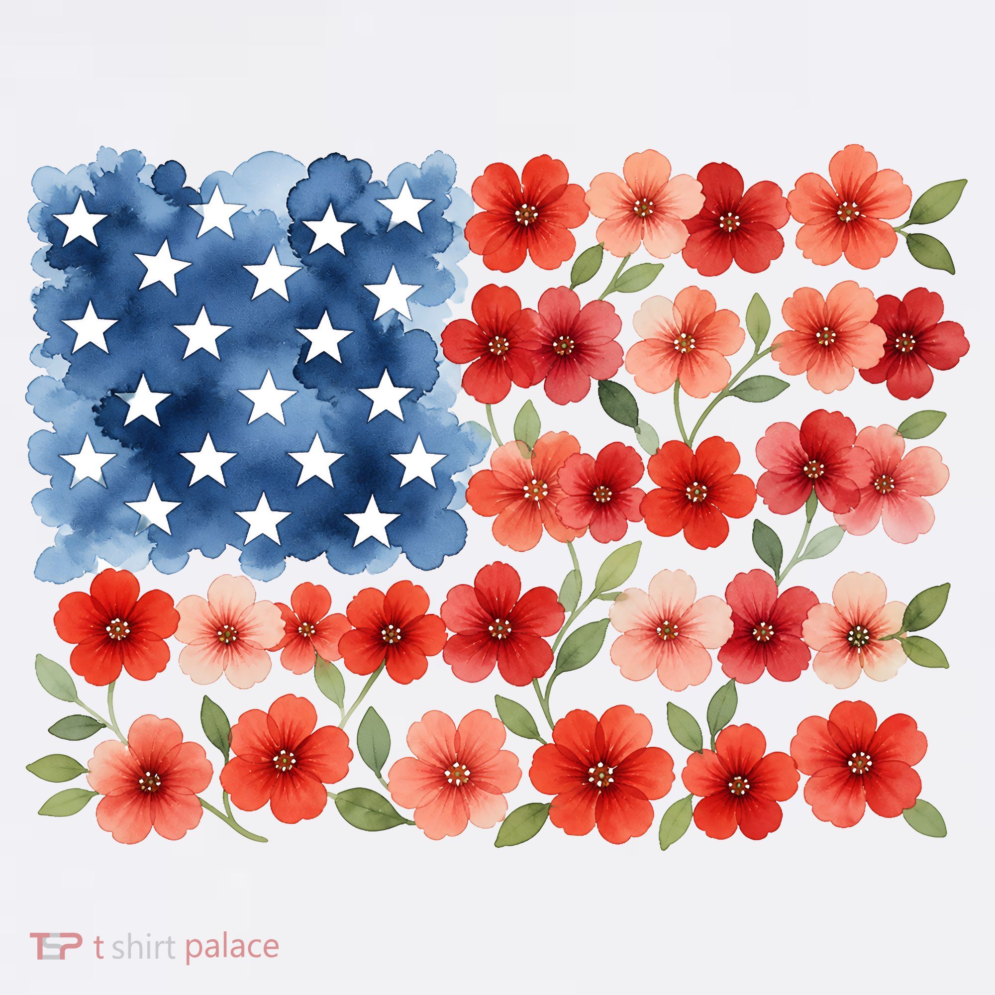 Cute Watercolor Floral Flower Patriotic USA American Flag T-Shirt