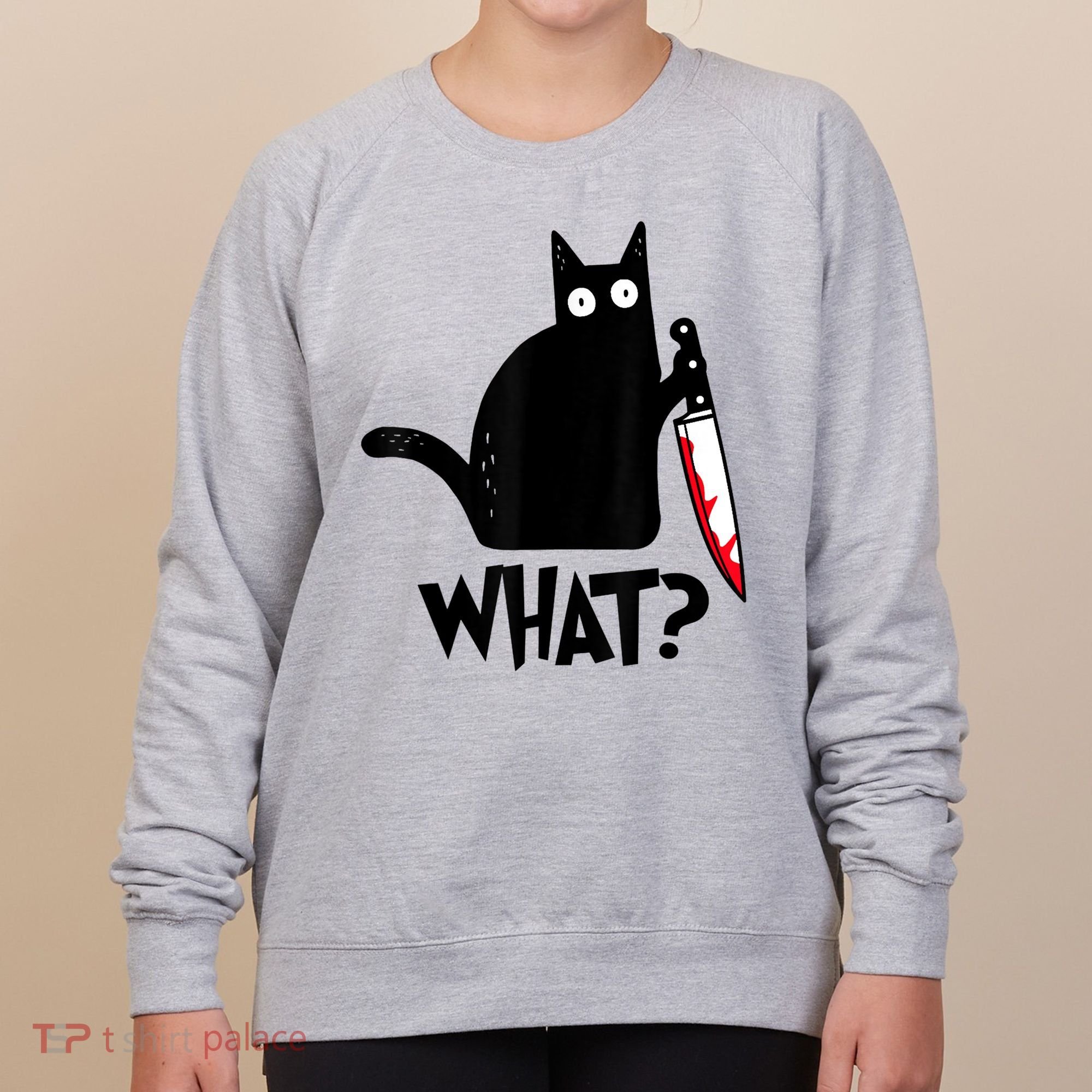 Cat What? Funny Black Cat Murderous Cat With Knife Women's Sweatshirt