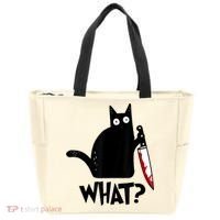 Cat What? Funny Black Cat Murderous Cat With Knife Tote Bag thumb 0