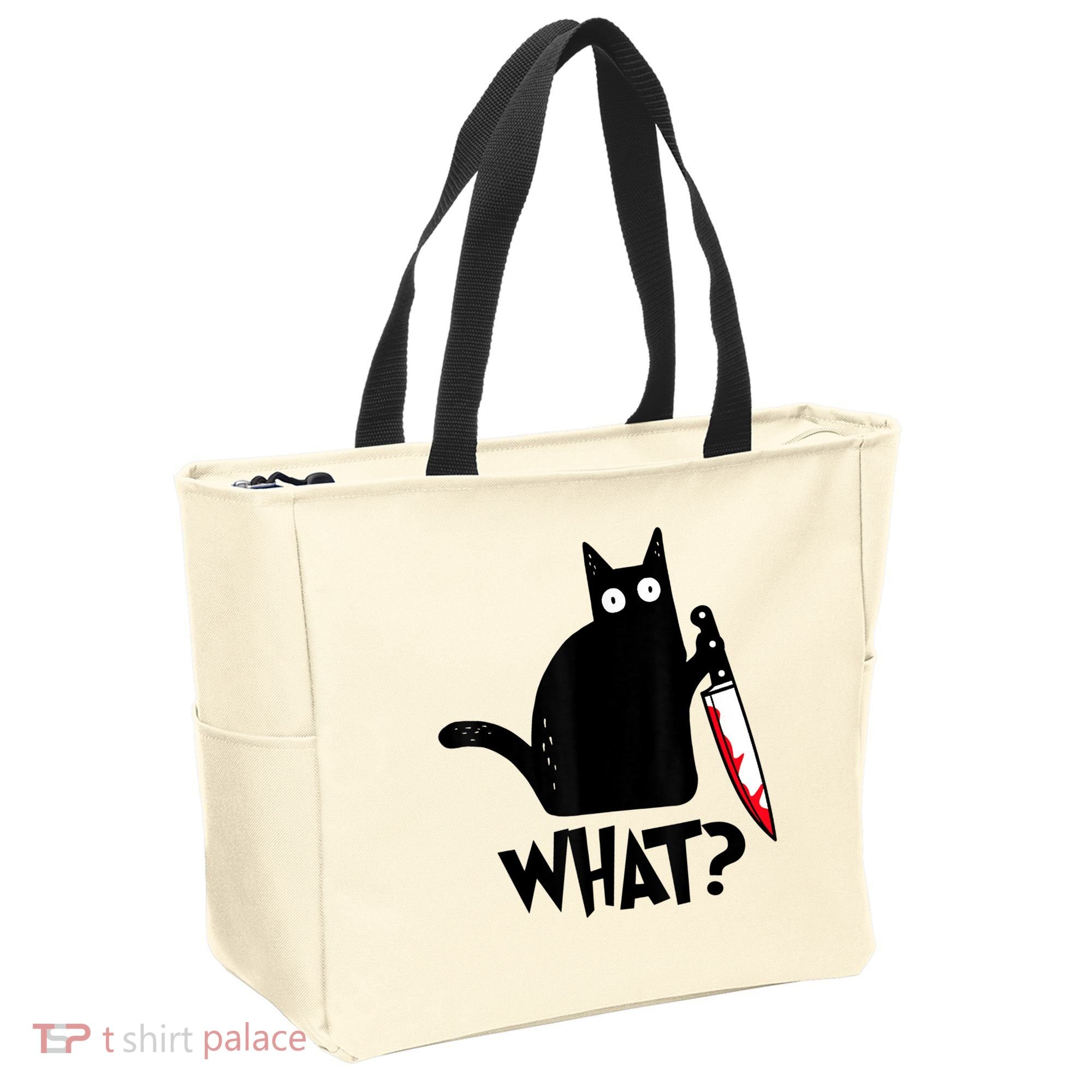 Cat What? Funny Black Cat Murderous Cat With Knife Tote Bag