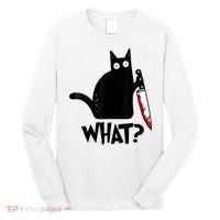 Cat What? Funny Black Cat Murderous Cat With Knife Long Sleeve Shirt thumb 0