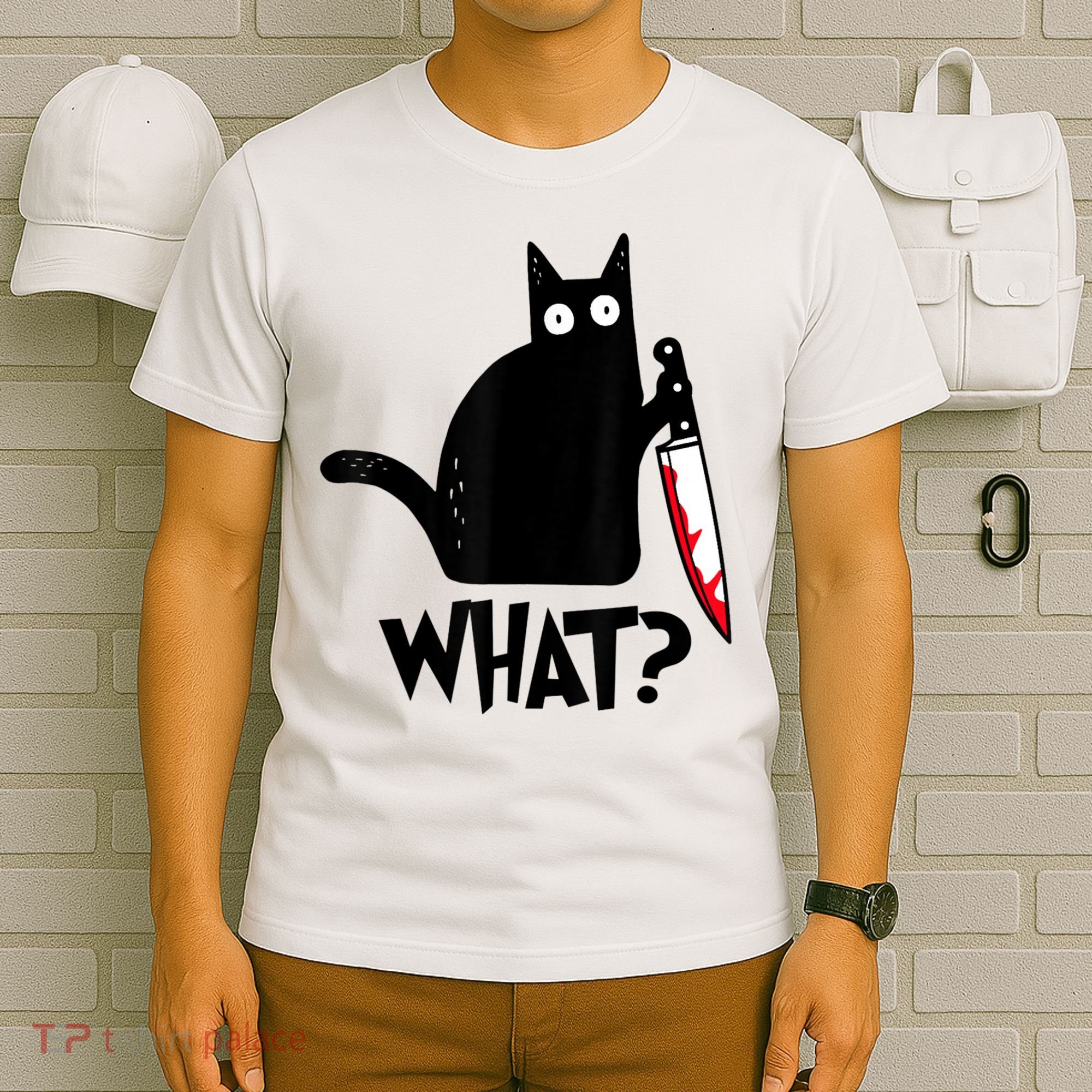 Cat What? Funny Black Cat Murderous Cat With Knife T-Shirt