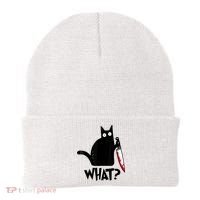 Cat What? Funny Black Cat Murderous Cat With Knife Beanie thumb 0