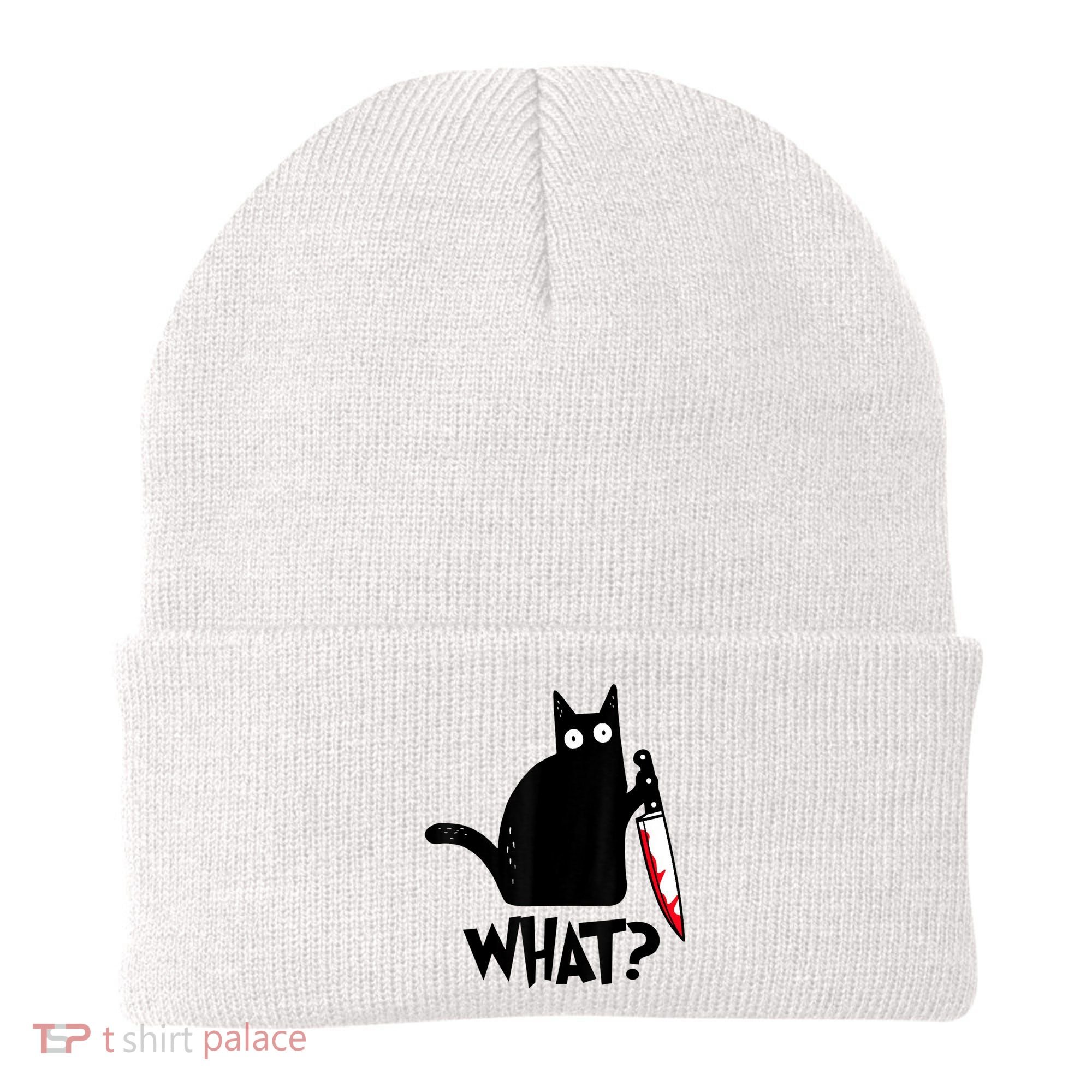 Cat What? Funny Black Cat Murderous Cat With Knife Beanie