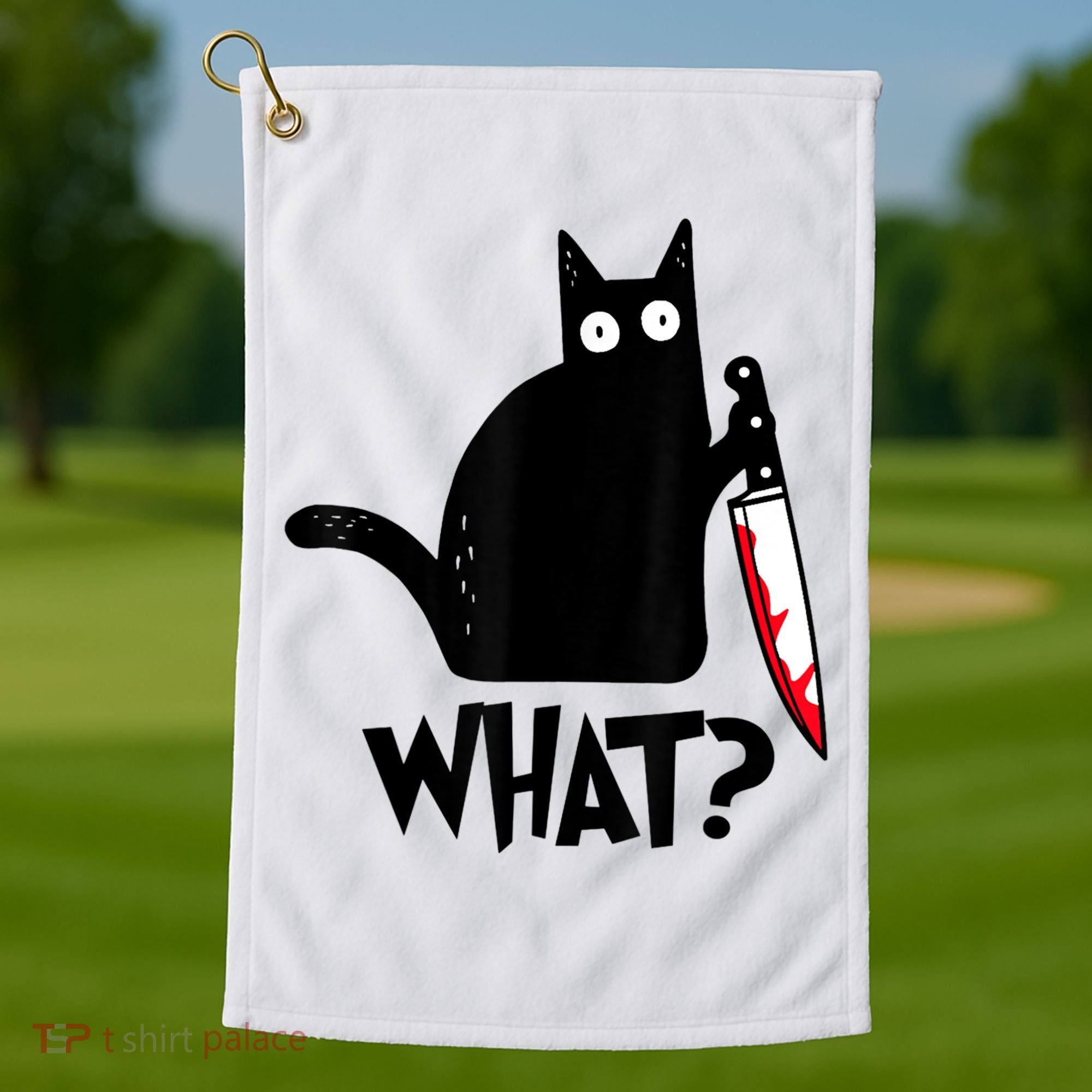 Cat What? Funny Black Cat Murderous Cat With Knife Golf Towel
