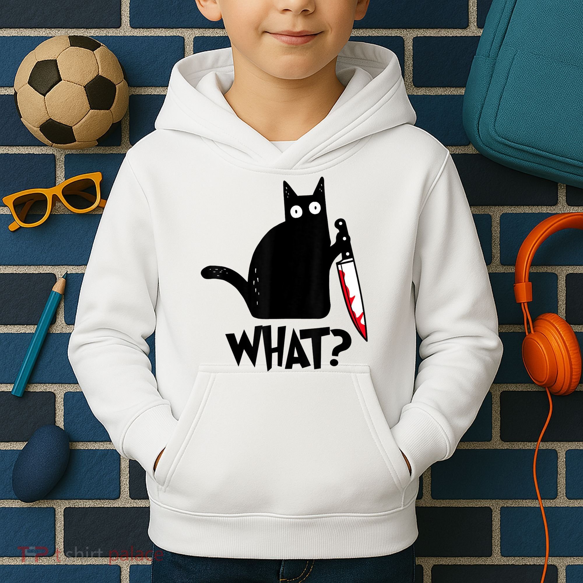 Cat What? Funny Black Cat Murderous Cat With Knife Kids Hoodie